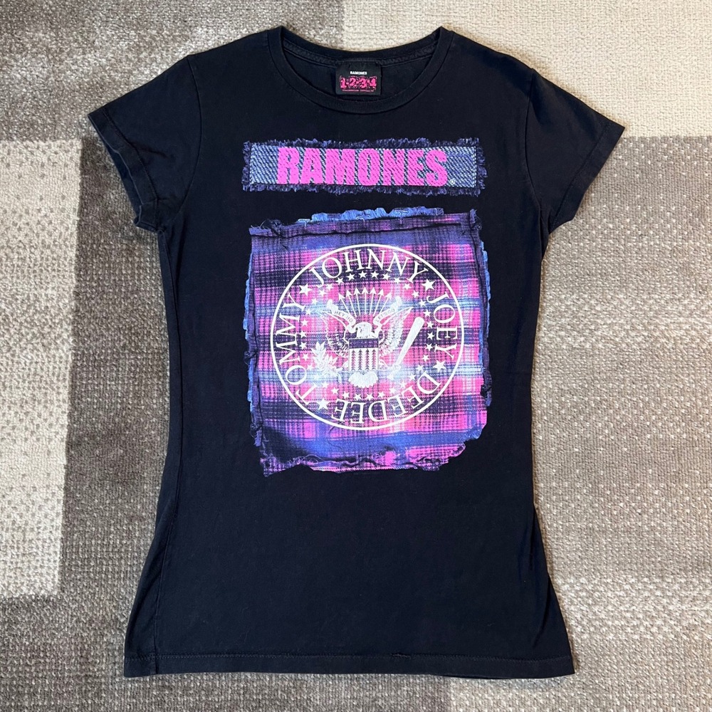 Y2K Ramones Womens Black Graphic Band T-Shirt Pink Plaid Logo Slim Fit XL